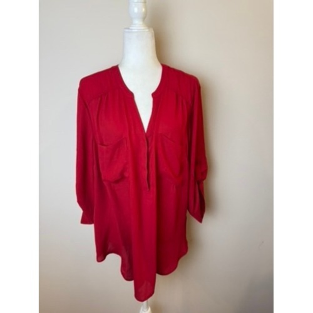 Red Roll Tab Sleeve Tunic Blouse Split V-Neck Chest Pockets Red Top Womens